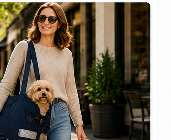 Woman walking on a beach boardwalk carrying The Hollydaz navy foldable dog carrier with a small dog peeking out
